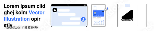Digital transactions, online shopping, messaging apps, social media interaction, user interface design, internet security. Chat window, phone payment and e-commerce package. Digital transactions