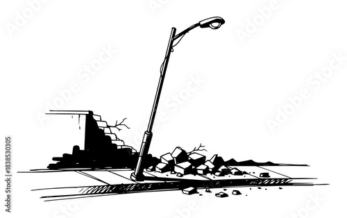 broken street lamp in city ruins destruction sketch