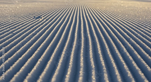Perfectly groomed white snow on a pristine ski slope at sunrise, featuring crisp parallel corduroy patterns illuminated by warm golden light and casting long shadows.