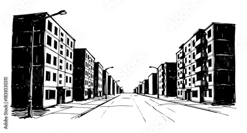 empty street of brutalist post-soviet block buildings sketch