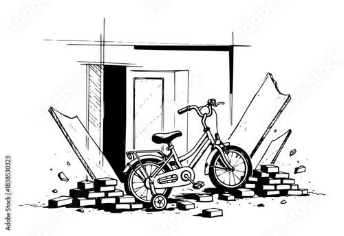 childs bicycle in war rubble abandoned after destruction sketch