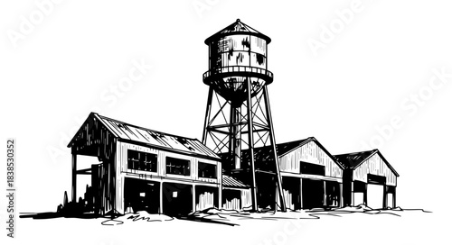 old farm or industrial buildings with water tower sketch