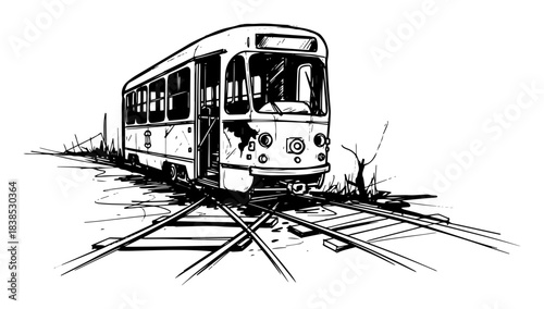 old abandoned vintage tram on overgrown tracks sketch