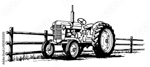 vintage farm tractor parked by a wooden fence sketch