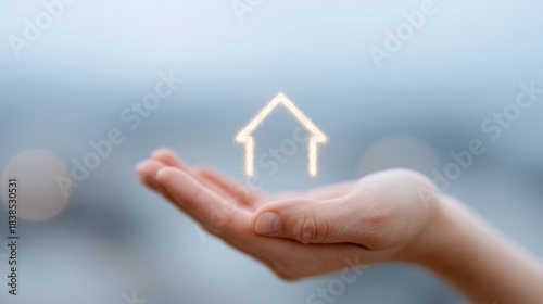 Hand Holding Glowing House Symbol. The concept of buying real estate, housing.