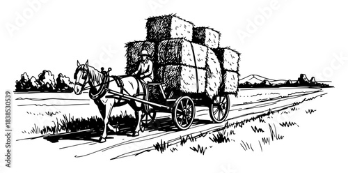 horse drawn wagon carrying hay bales vector shape silhouette illustration