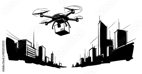 drone delivering package over city skyline vector silhouette