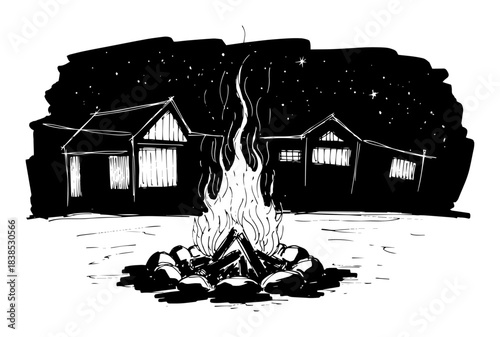 campfire at night in a camp under starry sky sketch