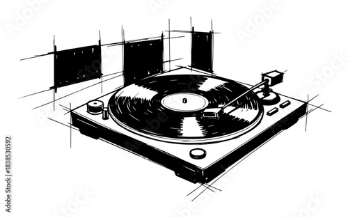 vinyl record player turntable music sketch vector illustration