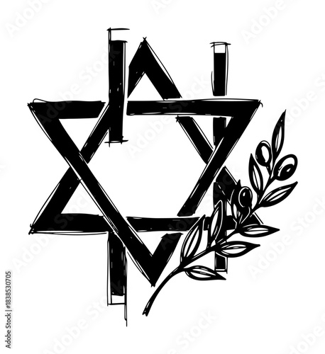 star of david with olive branch jewish symbol vector black shape
