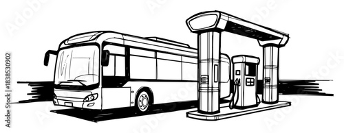 futuristic bus at an electric or hydrogen charging station sketch