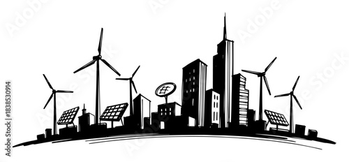 sustainable city skyline with renewable energy vector shape silhouette