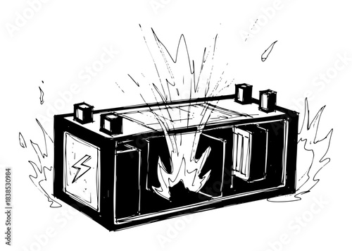 burning electrical battery power storage explosion monochrome vector