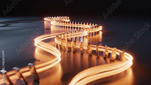 Domino effect chain reaction glowing light dark background