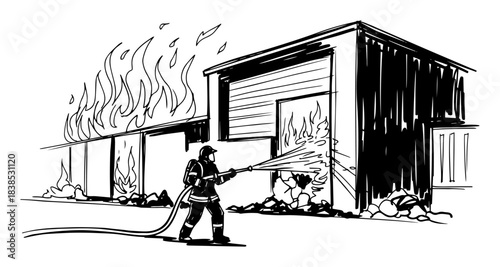 firefighter extinguishing burning house vector shape silhouette