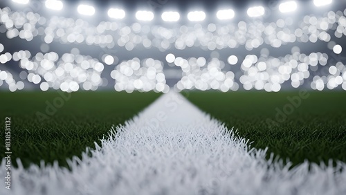 An eye-level view of a football field. Bright stadium lights illuminate the scene, casting a soft glow