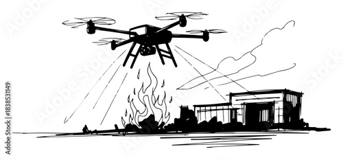 firefighting drone spraying water on ground fire vector shape silhouette