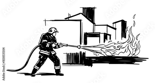 lone firefighter fighting fire with water hose vector silhouette