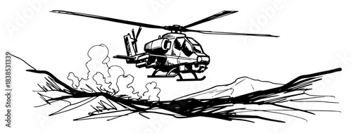 military attack helicopter in action vector monochrome shape
