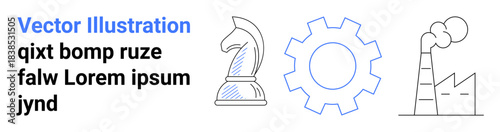 Strategy, business innovation, industrial processes, technological progress, problem-solving, decision-making. Outlines of a chess knight, gear and factory. Strategy and business innovation concepts
