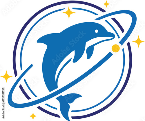 Blue dolphin leaping through a stylized orbital ring with sparkling yellow stars, representing ocean exploration and cosmic journey design