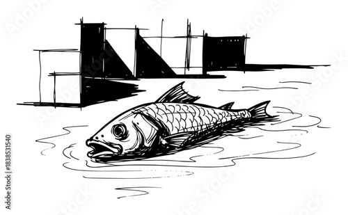 dead fish in polluted water environmental disaster sketch