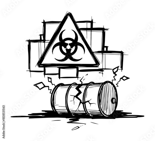 cracked toxic waste barrel with biohazard warning sign sketch