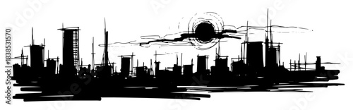 dystopian city skyline under a dark sun apocalyptic sketch