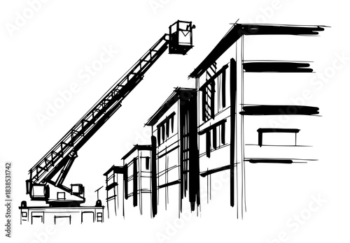 aerial ladder fire truck at multistory building vector shape silhouette