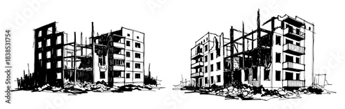 war destroyed ruined apartment buildings vector shape silhouette