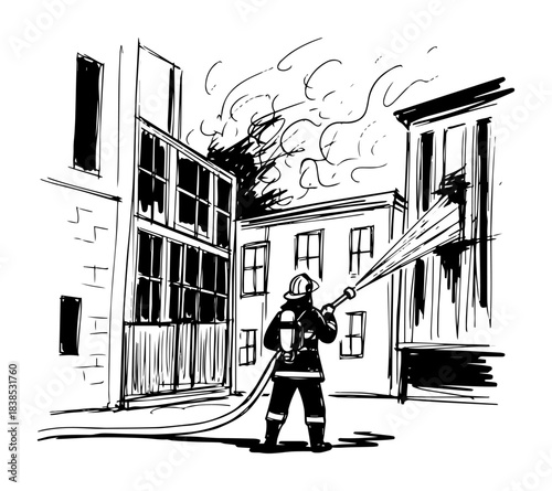 firefighter spraying water on burning city building vector shape silhouette