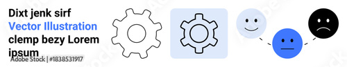 Interconnected gears and emotion faces show teamwork, workflow, and emotional states. Ideal for productivity, communication, problem-solving, teamwork, collaboration, emotional intelligence simple