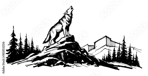 howling wolf on rocky hill with forest vector shape silhouette