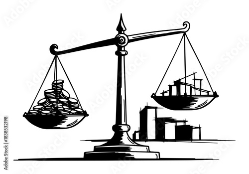 scales of justice unbalanced with money and industry sketch
