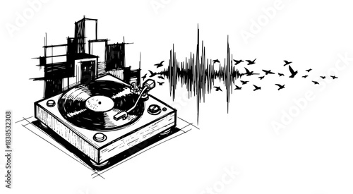 vinyl record player with city and birds sketch