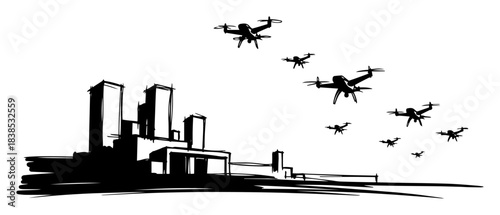 drone swarm flying over city skyline future warfare sketch
