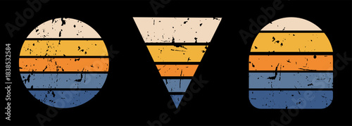 Retro vector shapes set with distressed striped circle, triangle, and rounded icon elements in vintage sunset colors, grunge texture design for t-shirt prints, stickers, branding and graphic projects