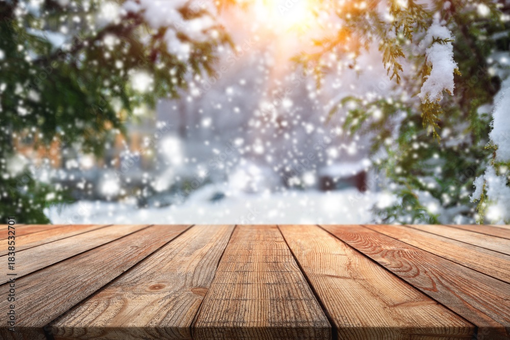 Fototapeta premium Snowy winter street with trees background