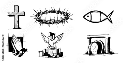 christian symbols cross fish crown sketch set