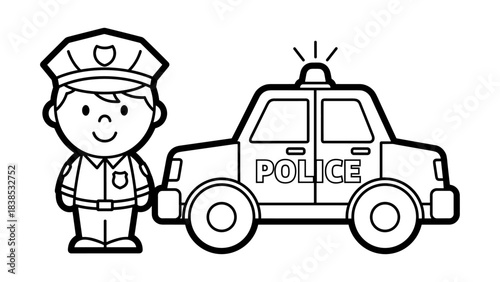 Cartoon police officer and car outline for educational kids' activities