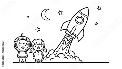 Black and white kids in space-themed adventure with rocket and stars