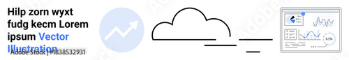 Cloud computing, data storage, business analytics, digital growth, online services, cloud networking. Cloud icon with growth graph and analytics dashboard. Cloud computing and data storage