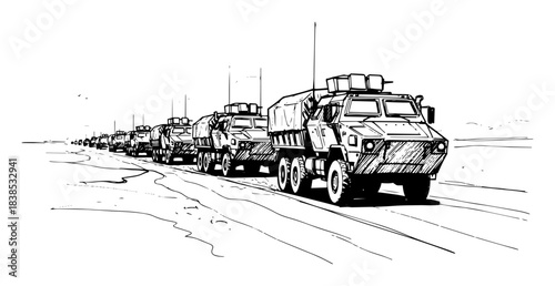 armored personnel carrier convoy on desert road vector shape silhouette