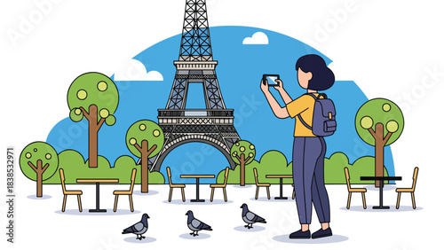 Flat illustration of a woman photographing the Eiffel Tower in Paris with trees and city atmosphere. Perfect for travel, tourism, adventure, and vacation themes