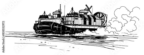 military hovercraft landing craft over shoreline vector shape silhouette