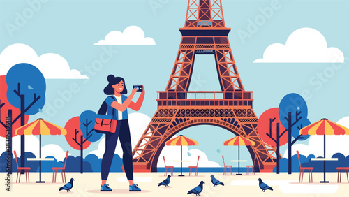 Flat illustration of a woman photographing the Eiffel Tower in Paris with trees and city atmosphere. Perfect for travel, tourism, adventure, and vacation themes