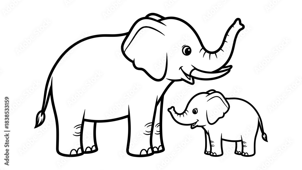 Fototapeta premium Cute elephant family in black and white outline style for coloring books