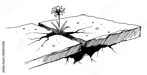 hope concept flower growing through cracked concrete sketch