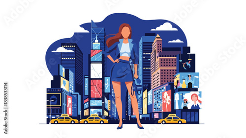 Flat illustration of a woman visiting Times Square in New York with taxis and skyscrapers. Perfect for travel, lifestyle, and global tourism themes