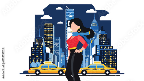 Flat illustration of a woman visiting Times Square in New York with taxis and skyscrapers. Perfect for travel, lifestyle, and global tourism themes